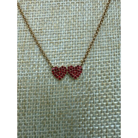 Kate Spade Gold Chain Necklace With Red Crystal Double Heart Pendant - Picture 2 of 10